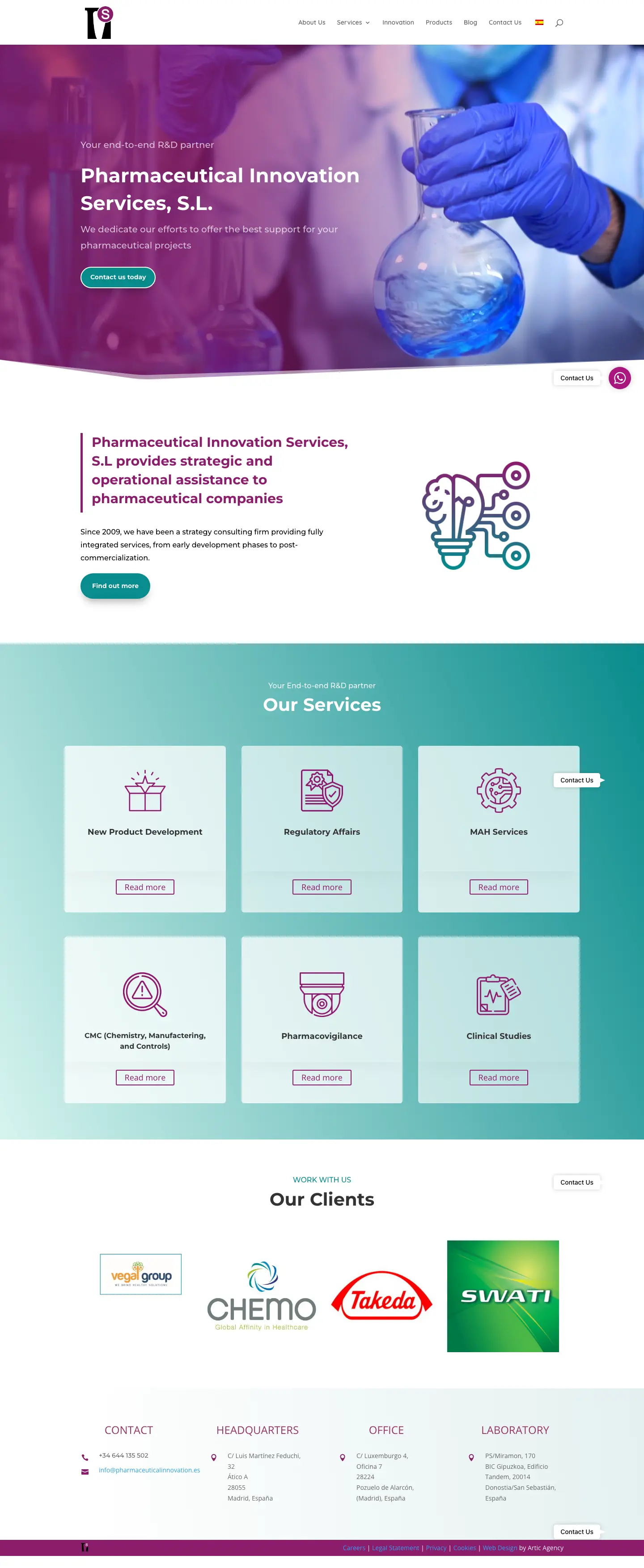 La web de Pharmaceutical Innovation Services, soci de R+D per a projectes farmacèutics.