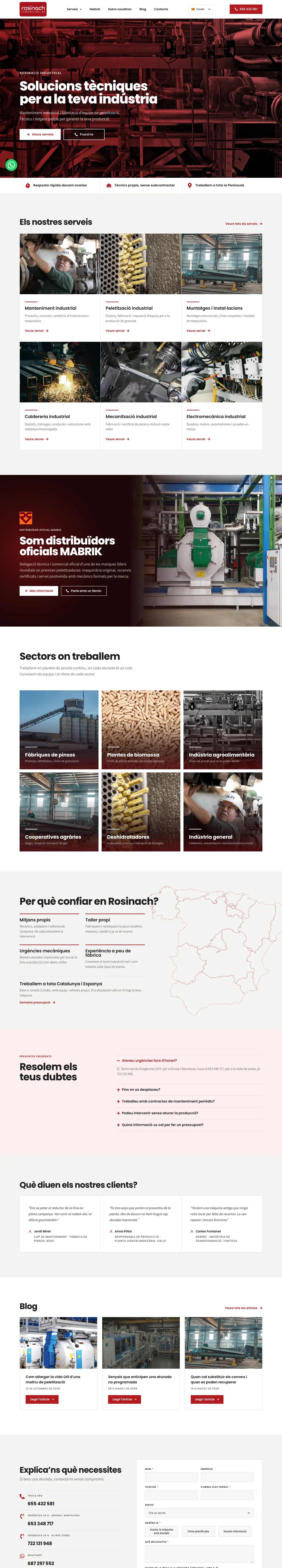 La web nueva de Rosinach Industrial: mantenimiento industrial y peletización, con teléfono de urgencias siempre visible.