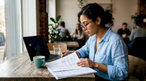 Mujer de negocios analizando estrategias de marketing en su oficina