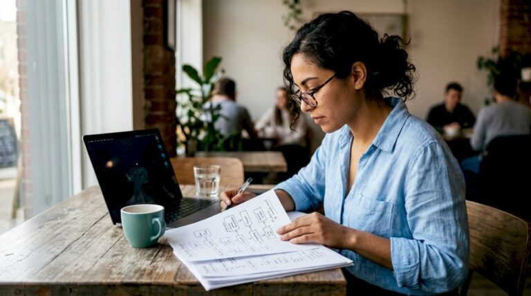 Mujer de negocios analizando estrategias de marketing en su oficina