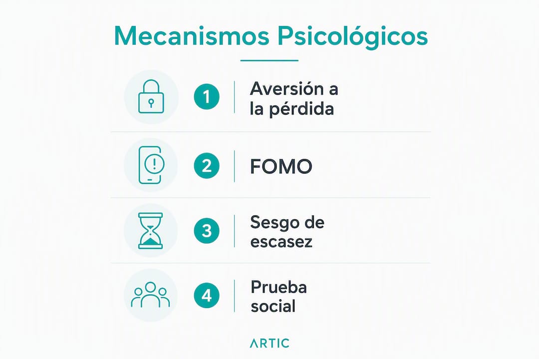 Infografia que presenta quatre mecanismes psicològics clau que influeixen en la percepció durgència i escassetat en el màrqueting.