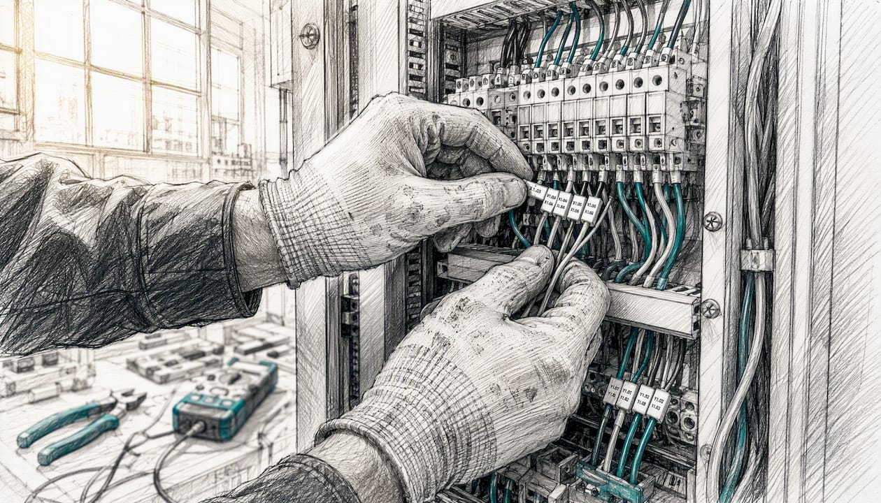 Técnico realizando el cableado de un cuadro de control industrial