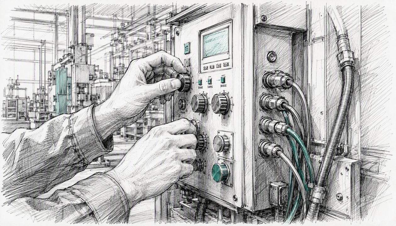 Unas manos realizan ajustes en el panel de control de una máquina industrial.