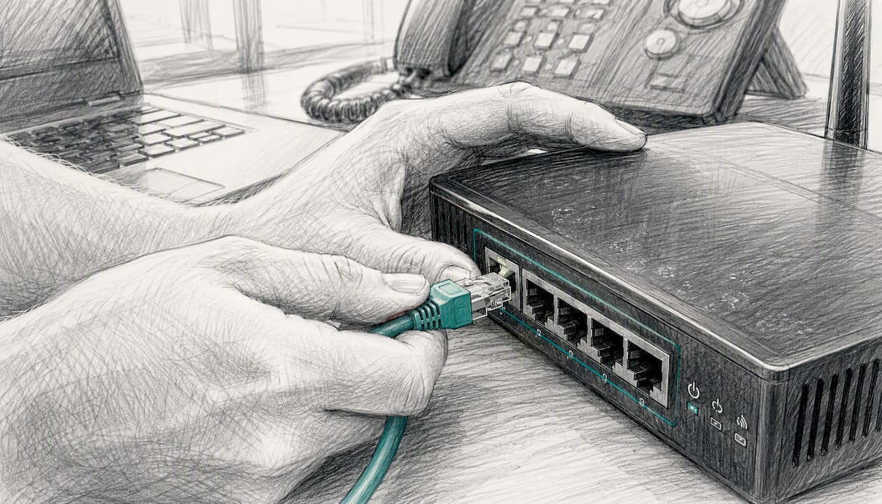Mans connectant un cable de xarxa a un dispositiu
