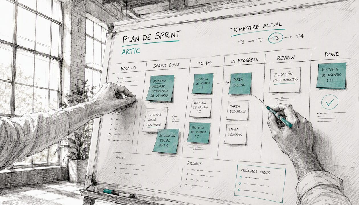 Varios miembros del equipo revisando y ajustando el plan de sprint sobre la mesa