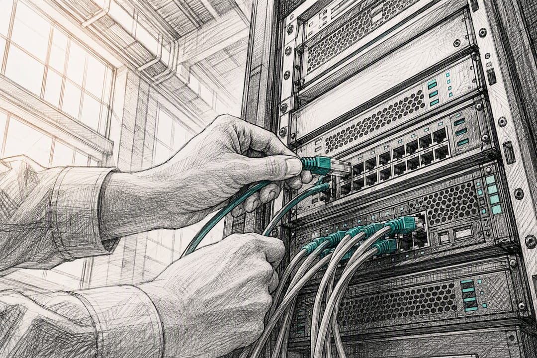 Mans connectant cables del servidor CRM