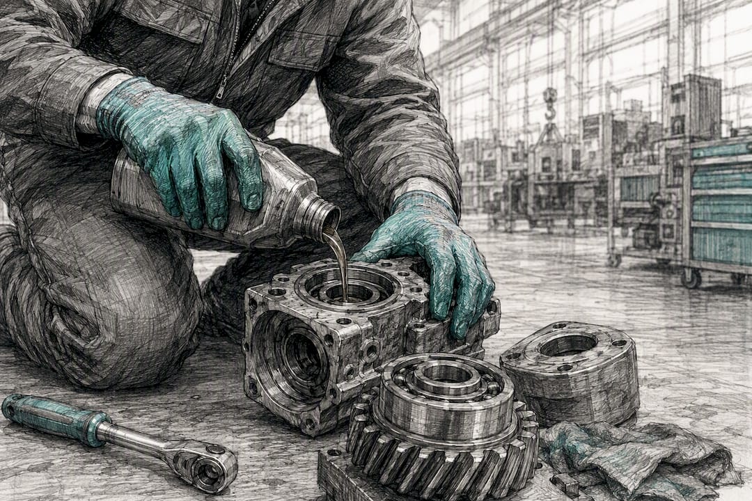 Technician applying lubricant to a machine