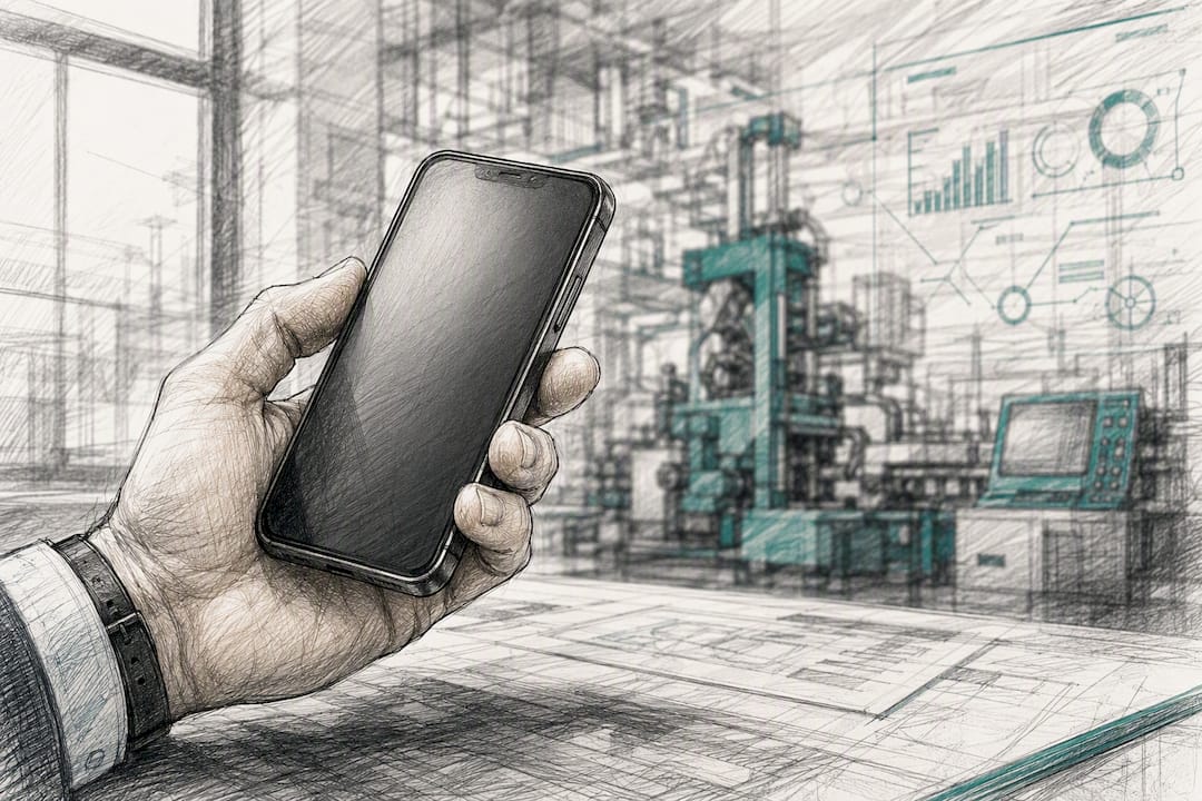 Hands holding a phone with an industrial background